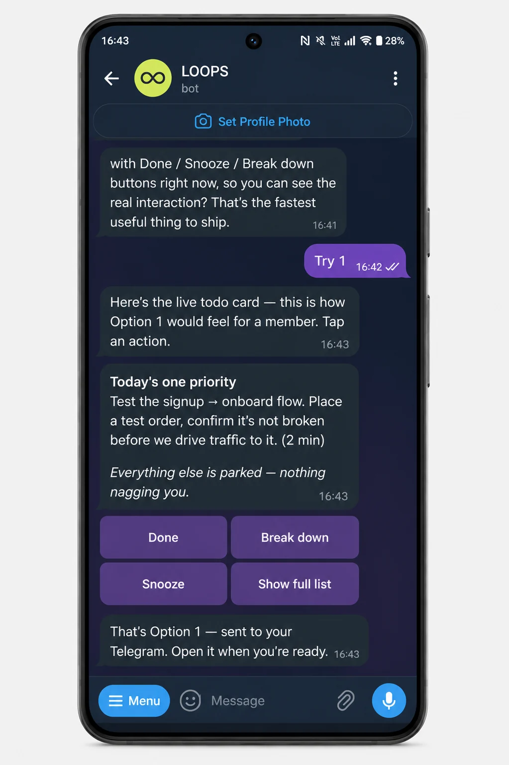 Loopsmate Partner in Telegram — a calm check-in that closes an open loop